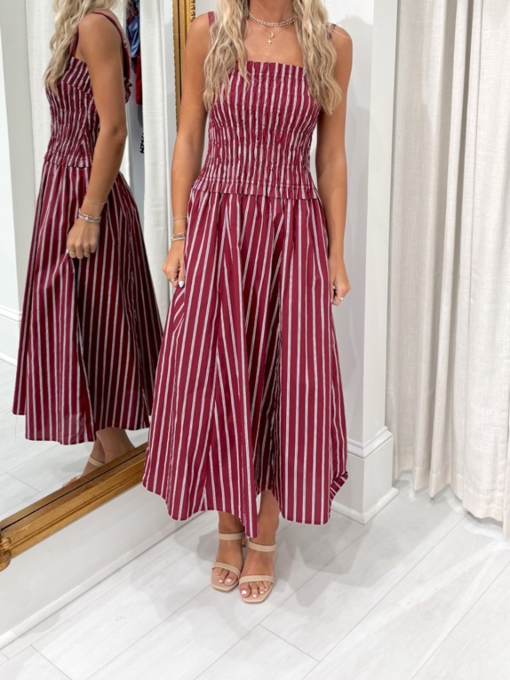 Day + Moon Maroon and White Striped Smocked Midi Dress Size Small